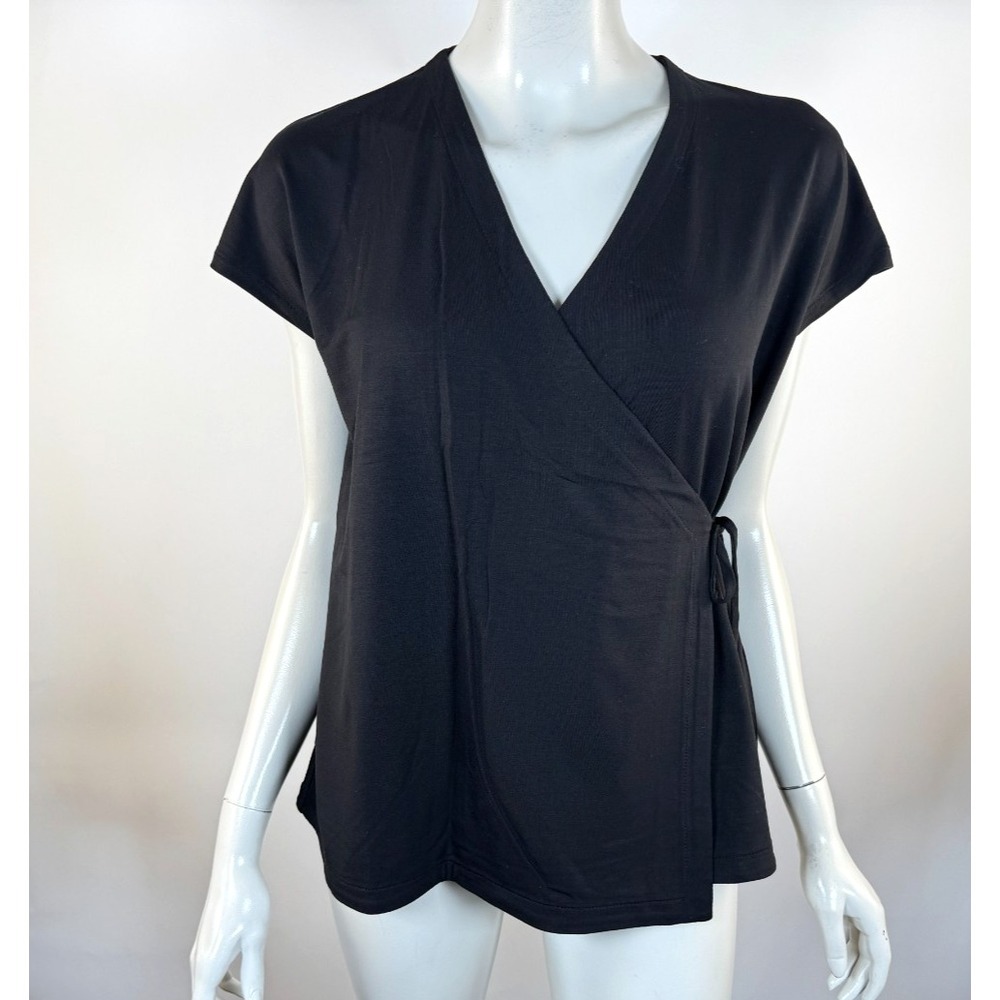 EILEEN FISHER Fine Jersey Wrap Top Women PS EUC Short Sleeve Vneck Stretch Black